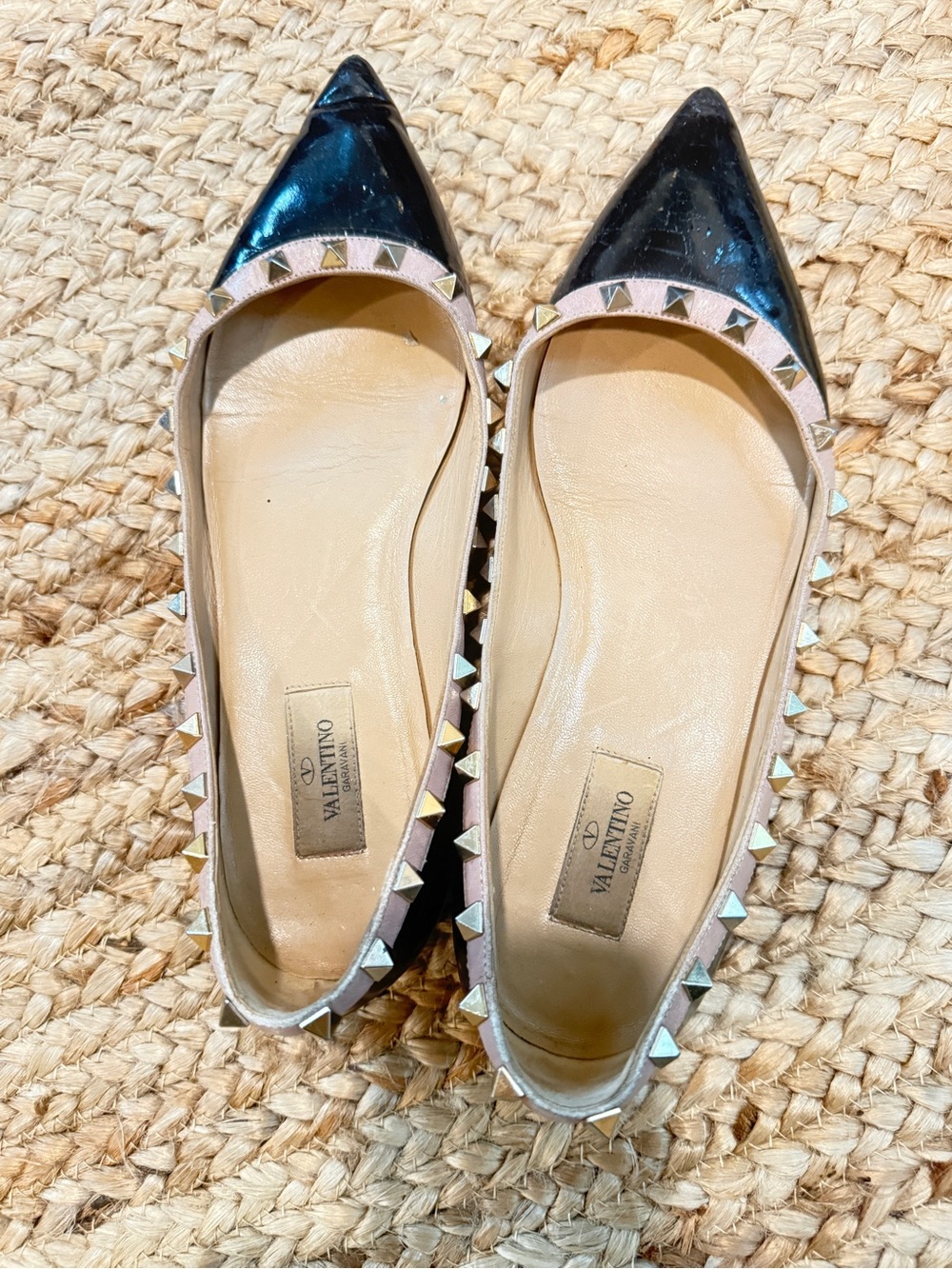 Valentino Black Patent Pointed Rockstud Flats with Nude Trim